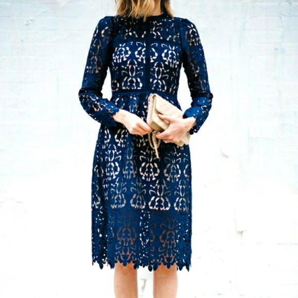 NWOT Zara Navy Blue Lace Guipure Embroidered Dress - Picture 2 of 8